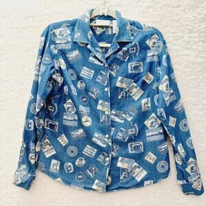 Blouse Button Up Blue Travel Postcard Stamp Europe Resort Cruise Heritage Size S